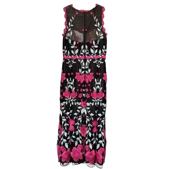 Marchesa Notte Embroidered Floral Crochet Cocktail Midi Dress Black Pink  Size 6